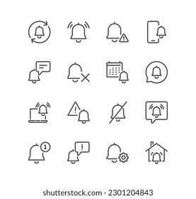 Set of notification related icons, mute, incoming, reminder, attention, calendar notice, notification bell and linear variety vectors.