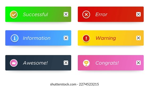 Set of notifications with banner text. success, warning, info, error. alerts icon collection for website, ui, ux, mobile, and app. vector illustration