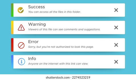 Conjunto de notificaciones con texto de banner. éxito, advertencia, información, error. colección de iconos de alertas para sitio web, ui, ux, móvil y aplicación. ilustración vectorial
