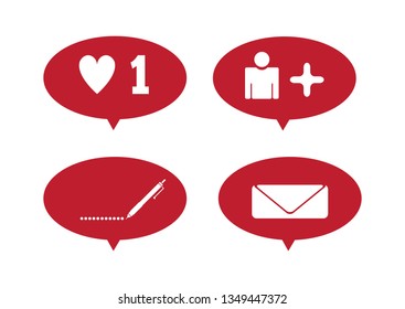 Set notifications for social networks. Like, message, comment, subscriber. Isolated vector illustration.