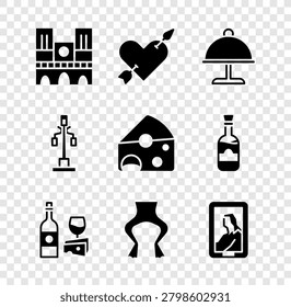Set Notre Dame, Amour with heart and arrow, Covered tray, Wine bottle cheese, Frog legs, Portrait museum, Street light and Cheese icon. Vector