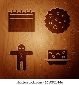 Set Nougat with nuts, Calendar, Holiday gingerbread man cookie and Cookie or biscuit with chocolate on wooden background. Vector