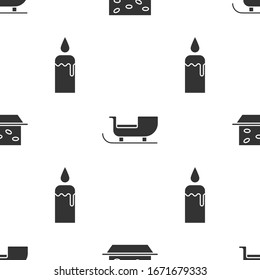 Set Nougat with nuts, Christmas santa claus sleigh and Burning candle in candlestick on seamless pattern. Vector