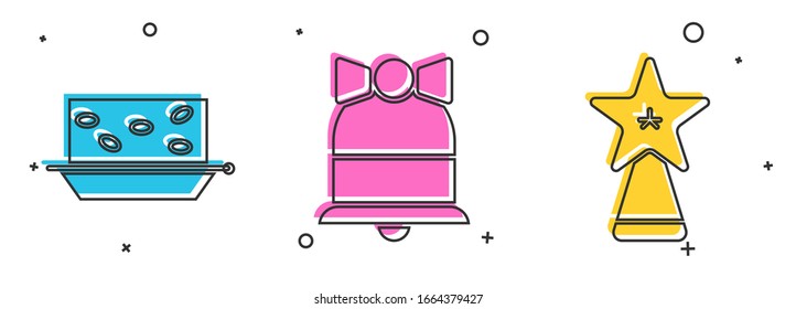 Set Nougat with nuts, Merry Christmas ringing bell and Christmas star icon. Vector