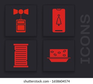 Set Nougat with nuts, Price tag with an inscription Sale, Smartphone with gift box and Christmas wish list template icon. Vector
