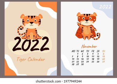 Set - November 2022 calendar and cover. Cute tiger wizard in mask and red cloak. Year of  Tiger in Chinese or oriental. Vertical A4 template. Week starts on Monday