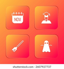 Set November calendar autumn, Graduate and graduation cap, Handle broom and Ghost icon. Vector