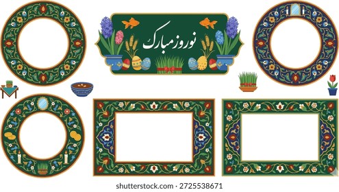 Conjunto de molduras decorativas com tema Nowruz e bordas com motivos persas tradicionais, padrões florais e caligrafia, ideal para cartões de saudação, banners e desenhos festivos