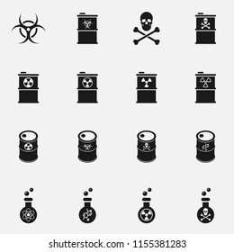 Set of nuclear barrels and toxic flasks. Radiation symbol. International Day against Nuclear Tests concept.