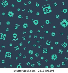 Set Nuclear bomb, Book about poisons, Bones and skull and Stop colorado beetle on seamless pattern. Vector