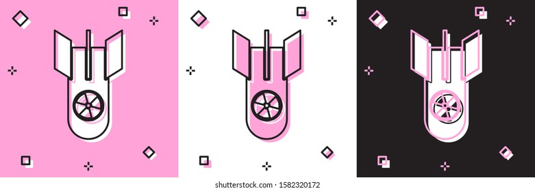 Set Nuclear bomb icon isolated on pink and white, black background. Rocket bomb flies down.  Vector Illustration