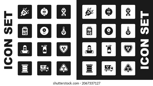 Set Nuclear bomb, Light bulb with concept of idea, Dosimeter, Radiation electrical plug, Meteorology thermometer, Atom, Radioactive in shield and reactor worker icon. Vector