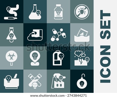 Set Nuclear bomb, Poisonous cloud of gas or smoke, Radioactive waste in barrel, Poisoned pill, Wastewater, Bottle with potion, Cigarette and Chemical formula icon. Vector