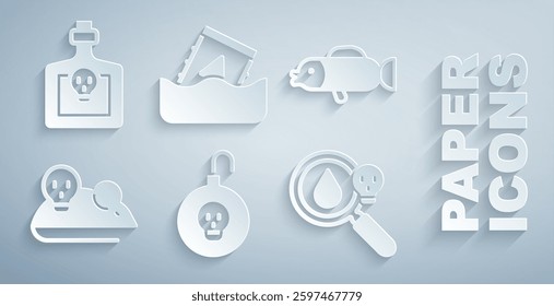 Set Nuclear bomb, Puffer fish, Experimental mouse, Poison magnifying glass, Radioactive waste barrel and Bottle with potion icon. Vector
