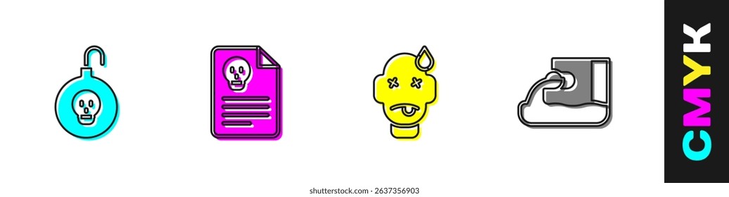 Set Nuclear bomb, Radiation warning document, Man poisoning and Wastewater icon. Vector