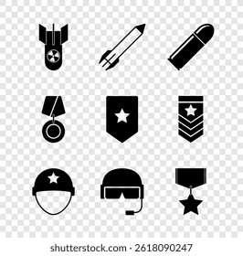 Set Nuclear bomb, Rocket, Bullet, Military helmet, reward medal,  and Chevron icon. Vector