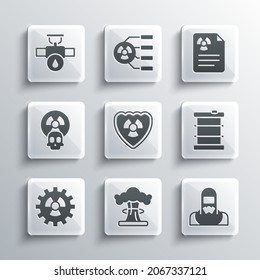 Set Nuclear Explosion, Reactor Worker, Radioactive Waste In Barrel, Shield, Industry Pipe And Valve And Radiation Warning Document Icon. Vector