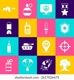 Set Nuclear explosion, Target sport, Police badge, Location peace, Walkie talkie, Rocket launcher, M16A1 rifle and Military knife icon. Vector