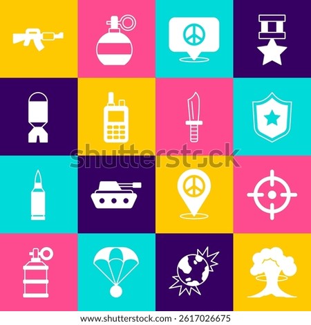 Set Nuclear explosion, Target sport, Police badge, Location peace, Walkie talkie, Rocket launcher, M16A1 rifle and Military knife icon. Vector