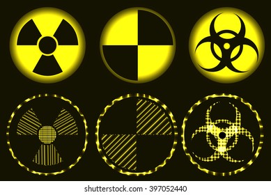 Set of nuclear hazard, quarantine and biohazard neon symbols