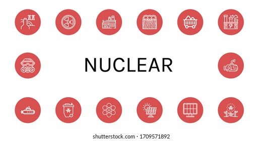 Set of nuclear icons. Such as Power plant, Radiation, Factory, Hydro power, Coal, Submarine, Radioactive, Atom, Solar energy, Gas mask , nuclear icons