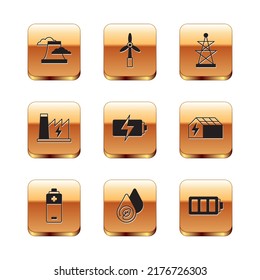 Set Nuclear power plant, Battery, Water energy, Electric tower,  and Wind turbine icon. Vector