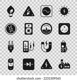 Set Nuclear power plant, Battery charge, Electrical outlet, AC voltage source, Music player, No lightning, Light bulb with leaf and meter icon. Vector