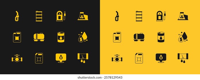 Set Nuclear power plant, Canister for gasoline, Barrel oil, Oil drop with dollar symbol, railway cistern, Petrol station, Gasoline pump nozzle and  icon. Vector