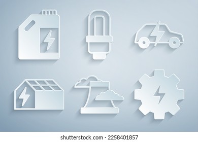 Set Nuclear power plant, Electric car, Solar energy panel, Gear and lightning, LED bulb and Eco fuel canister icon. Vector