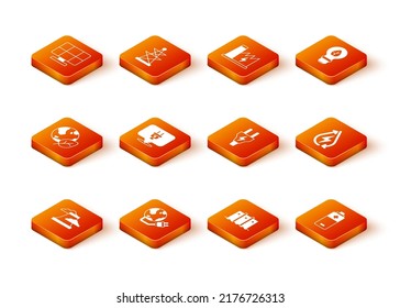 Set Nuclear power plant, Global energy planet, Earth globe and leaf, Electric plug, Hydroelectric dam, Battery and Water icon. Vector