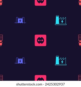 Set Nuclear power plant, Hydroelectric dam, Electrical outlet and LED light bulb on seamless pattern. Vector