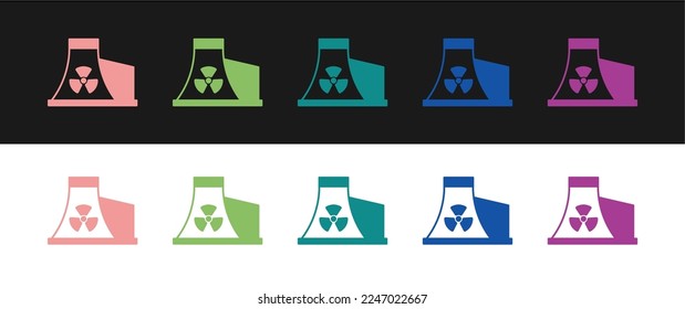 Set Nuclear power plant icon isolated on black and white background. Energy industrial concept.  Vector