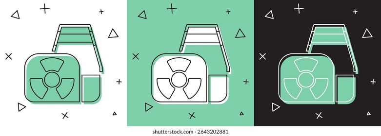 Defina o ícone da usina nuclear isolado no plano de fundo branco e verde e preto. Conceito industrial de energia.  Vetor