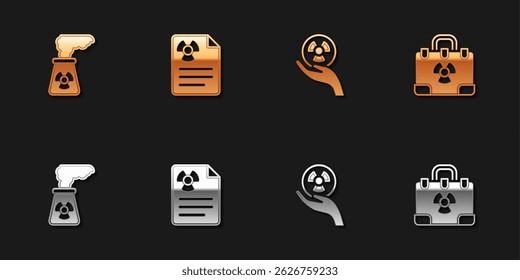 Set Nuclear power plant, Radiation warning document, Radioactive and nuclear suitcase icon. Vector