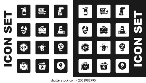 Set Nuclear power plant, Radioactive cargo train, Planet earth and radiation, Fire extinguisher, reactor worker, Truck with materials,  and Molecule icon. Vector