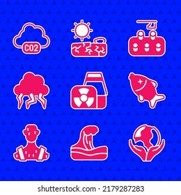 Set Nuclear power plant, Tsunami, Hand holding Earth globe, Dead fish, High human body temperature, Storm, Deforestation and CO2 emissions cloud icon. Vector