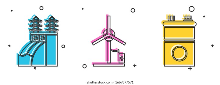 Set Nuclear power plant, Wind turbine and Car battery icon. Vector