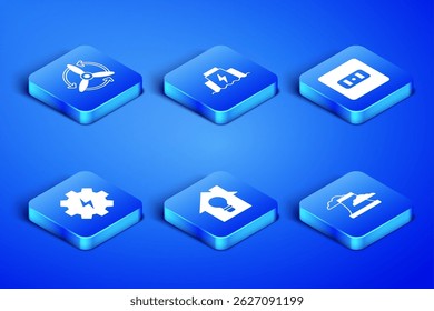 Set Nuclear power plant, Wind turbine, Smart house and light bulb, Gear lightning, Hydroelectric dam and Electrical outlet icon. Vector