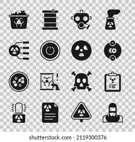 Set Nuclear reactor worker, Radiation warning document, Atom, Gas mask, Power button, Radioactive, Infectious waste and  icon. Vector