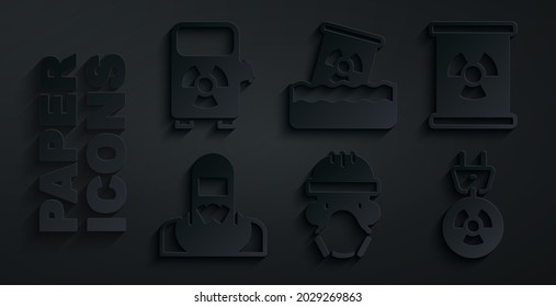 Set Nuclear reactor worker, Radioactive waste in barrel, Radiation electrical plug,  and Electric car charging station icon. Vector