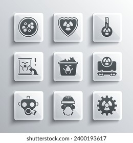 Kernreaktor-Mitarbeiter einstellen, Radioaktive, Ladungszug, Infektiöse Abfälle, Gasmaske, Fass, Molekül- und Meteorologie-Thermometer-Symbol. Vektorgrafik