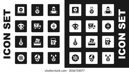 Poner a punto el reactor nuclear, Camión con materiales de radiación, Máscara de gas, portátil, Atom, enchufe eléctrico de radiación, Estación de carga eléctrica de coches eléctricos e icono del termómetro de meteorología. Vector