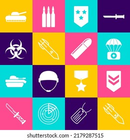 Set Nuclear rocket, Chevron, Parachute with first aid kit, Biohazard, symbol, Military tank and Bullet icon. Vector