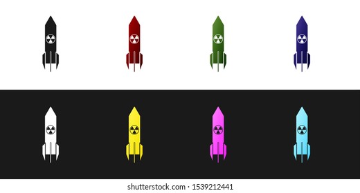 Set Nuclear rocket icon isolated on black and white background. Rocket bomb flies down.  Vector Illustration