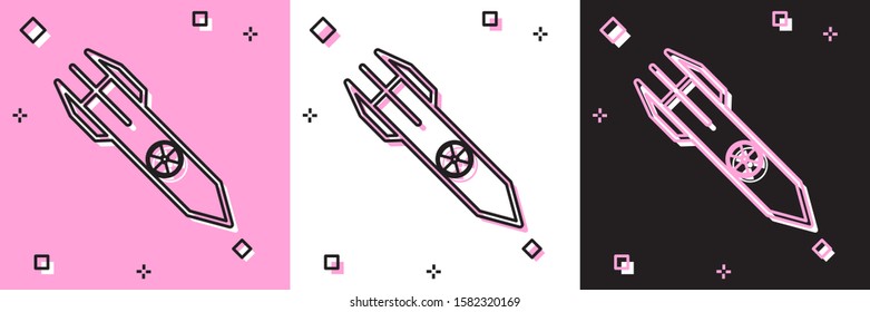 Set Nuclear rocket icon isolated on pink and white, black background. Rocket bomb flies down.  Vector Illustration