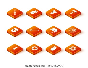 Set Nuclear rocket, Target sport, Chevron, Rocket, Hand grenade, Military helmet,  and Radar with targets icon. Vector