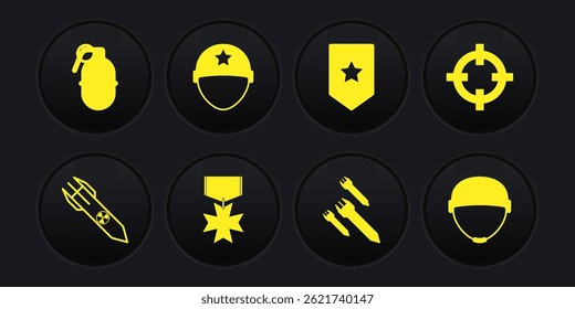 Conjunto Cohete nuclear, deporte objetivo, medalla de recompensa militar, cohete, Chevron, casco e icono de granada de mano. Vector