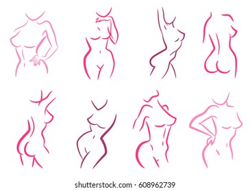 Set with nude attractive female silhouette woman health logo and body care emblem. Vector illustration