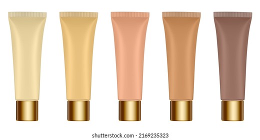 Set aus beigen, nackten Röhren. 3D-Muster. Farbtöne in Beige. Verleger oder Stiftung. Salbe oder Salbe. Goldkappe