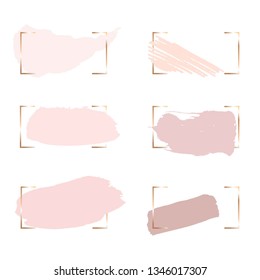 Set of nude, rose, peach, pink brush strokes in a gold frames on a white background. 